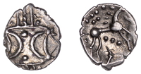 British Iron Age, ICENI, Ecen (c. AD 10-43), silver Unit, Symbol type [Y-Type], double crescent emblem on vertical...