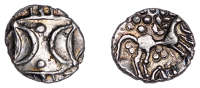 British Iron Age, ICENI, Anted (c. AD 10-30), silver Unit, Antd D-Bar type, double crescent emblem on vertical...