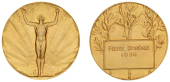 FRANCE, Homme nu [Naked Man], 1930, an Art Déco gilt-bronze award medal by R.-R.-A. Bénard, nude male figure of...