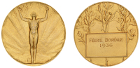 FRANCE, Homme nu [Naked Man], 1930, an Art Déco gilt-bronze award medal by R.-R.-A. Bénard, nude male figure of...