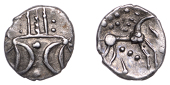 British Iron Age, ICENI, Ecen (c. AD 10-43), silver Unit, Symbol type [Y-Type], double crescent emblem on vertical...