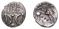 British Iron Age, ICENI, Ecen (c. AD 10-43), silver Unit, Symbol type [Y-Type], double crescent emblem on vertical...
