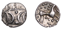 British Iron Age, ICENI, Ecen (c. AD 10-43), silver Unit, Symbol type [Y-Type], double crescent emblem on vertical...