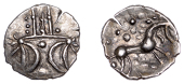British Iron Age, ICENI, Ecen (c. AD 10-43), silver Unit, Symbol type [Y-Type], double crescent emblem on vertical...