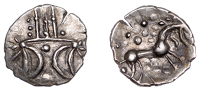 British Iron Age, ICENI, Ecen (c. AD 10-43), silver Unit, Symbol type [Y-Type], double crescent emblem on vertical...