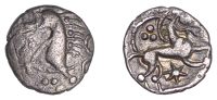 British Iron Age, ICENI, Uninscribed issues, silver Unit, Norfolk Boar Star type, stylised boar right, single front...
