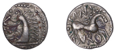 British Iron Age, ICENI, Cani Duro (c. AD 10-20), silver Unit, Cani Duro type, stylised boar right, long bristles...