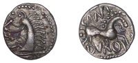 British Iron Age, ICENI, Cani Duro (c. AD 10-20), silver Unit, Cani Duro type, stylised boar right, long bristles...