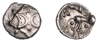 British Iron Age, ICENI, Ecen (c. AD 10-43), silver Half Unit, Mini Ecen type, back-to-back open crescents separated...