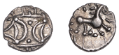 British Iron Age, Ecen (c. AD 10-43), silver Unit, Edn type, two opposed crescents on wreath, rev. horse right,...