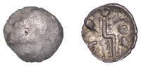 British Iron Age, DUROTRIGES, Uninscribed issues, silver Quarter-Stater, Badbury Rat type, trace of ‘three men in...