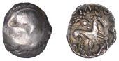 British Iron Age, ICENI, Uninscribed issues, silver Unit, Punk Head type, male head right with herringbone hair,...