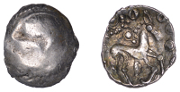 British Iron Age, ICENI, Uninscribed issues, silver Unit, Punk Head type, male head right with herringbone hair,...