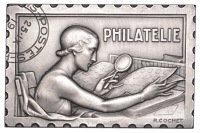 FRANCE, Philatélie, 1938, an Art Déco uniface silver award plaque in the shape of a postage stamp by R. Cochet,...