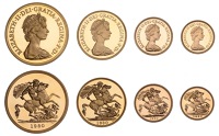 Elizabeth II (1952-2022), Decimal issues, Proof Set, 1980, comprising Five Pounds, Two Pounds, Sovereign, and...