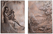 FRANCE, Poésie [Poems], 1903 [struck 1907], an Art Nouveau bronze plaque by F.-C.-V. de Vernon, female seated under...