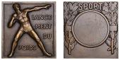 FRANCE, Lancement du poids [Putting the Shot], c. 1942, a bronze award plaque by W. Hochard and P.-A. Morlon, male...
