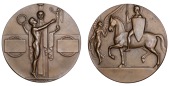AUSTRIA, Sieg [Victory], c. 1925, an Art Déco bronze medal by A.R. Weinberger, naked male athlete standing to...