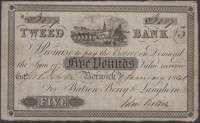 Tweed Bank, for Batson, Berry & Langhorn, £5, 1 January 1840, serial number B387, Wilson signature, about fine, an...