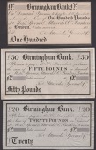 Birmingham Bank, for Attwoods, Spooner & Co., obverse proofs for £20, £50, and £100, 18- (c.1830s-65), no serial...