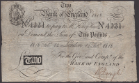 Bank of England, Henry Hase, £2, 14 February 1818, serial number 4331, numerous pinholes across body of note, some...