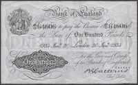 Bank of England, Basil G. Catterns, £100, London, 20 January 1934, serial number 45/O 64606, staple holes at left...
