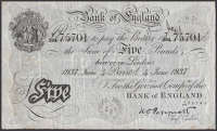 Bank of England, Kenneth O. Peppiatt, £5, Bristol, 4 June 1937, serial number T/294 75701, paper displaying a small...