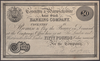 Coventry & Warwickshire Joint Stock Banking Company, proof £50, 18-, no signature or serial numbers, pencil...