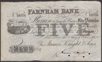 Farnham Bank, for James Knight & Sons, £5, 18 February 1885, serial number 18954, Knight signature, five small...