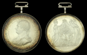 Coronation 1821, silver medal by Thomason & Jones, 55mm, contained in silver frame and glass lunettes, post and loop...