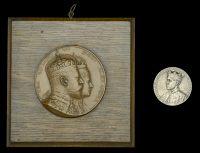 Coronation 1902, bronze medal by E. Fuchs, 64mm (Eimer 1870) mounted in wooden frame; Investiture of Edward Prince...