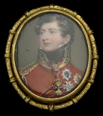 George IV, oval portrait miniature of the King in military uniform wearing the Orders of the Golden Fleece, Garter,...
