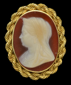 Victoria, unsigned cameo portrait brooch, ‘old head’ bust of the Queen, 25mm x 19mm, mounted in gold rope-twist...