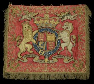 Ceremonial red silk banner finely embroidered with the Royal Arms and V.R. cypher, circa 1840, approximately 50mm x...