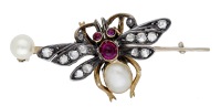 A late 19th century insect brooch, with ruby cabochon eyes and thorax, half-pearl abdomen and rose-cut diamond...