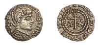 Early Anglo-Saxon Period, Shilling, Crispus Type, Post-Crondall Phase, struck c. 650-60 in East Anglia, helmeted and...