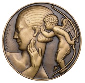 FRANCE, Conseils de l’Amour [Love Advice], 1928, an Art Déco uniface bronze medal by M. Delannoy, young woman to...