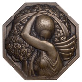 FRANCE, Porteuse de fleurs [Flower Bearer], 1926, a uniface octagonal Art Déco bronze plaque by P. Turin, female...