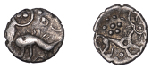 British Iron Age, ICENI, Uninscribed issues, silver Half Unit, Norfolk Ring Boar type, stylised boar right, long...