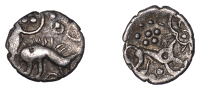 British Iron Age, ICENI, Uninscribed issues, silver Half Unit, Norfolk Ring Boar type, stylised boar right, long...
