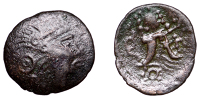 British Iron Age, REGINI, Uninscribed issues, bronze Unit, Chichester Cock type, helmeted head right, rev. cock...