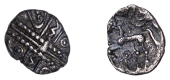 British Iron Age, CATUVELLAUNI, Early Uninscribed issues, silver Half Unit, Snakes and Lyres type, stylised crossed...