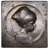 FRANCE, Petit fille bretonne [Little Breton Girl], 1912, an Art Nouveau uniface bronze plaque by A.-P. Schwab, girl...