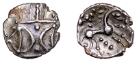 British Iron Age, ICENI, Ecen (c. AD 10-43), silver Unit, Symbol type [V-Type], double crescent emblem on vertical...