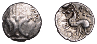 British Iron Age, ICENI, Ecen (c. AD 10-43), silver Unit, Retro type, double crescent emblem on vertical wreath,...