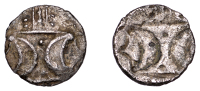 British Iron Age, ICENI, Uncertain ruler, obverse brockage silver Unit, double crescent emblem on vertical wreath,...