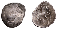 British Iron Age, ICENI, Uninscribed issues, silver Unit, Mossop Proto Head type, male head left, with jutting jaw,...