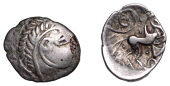 British Iron Age, ICENI, Uninscribed issues, silver Unit, Odin’s Eye type, male head right, herringbone hair,...