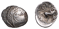 British Iron Age, ICENI, Uninscribed issues, silver Unit, Odin’s Eye type, male head right, herringbone hair,...