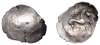 British Iron Age, ICENI, Uninscribed issues, silver Unit, Mossop Proto Head type, trace of male head left, rev....